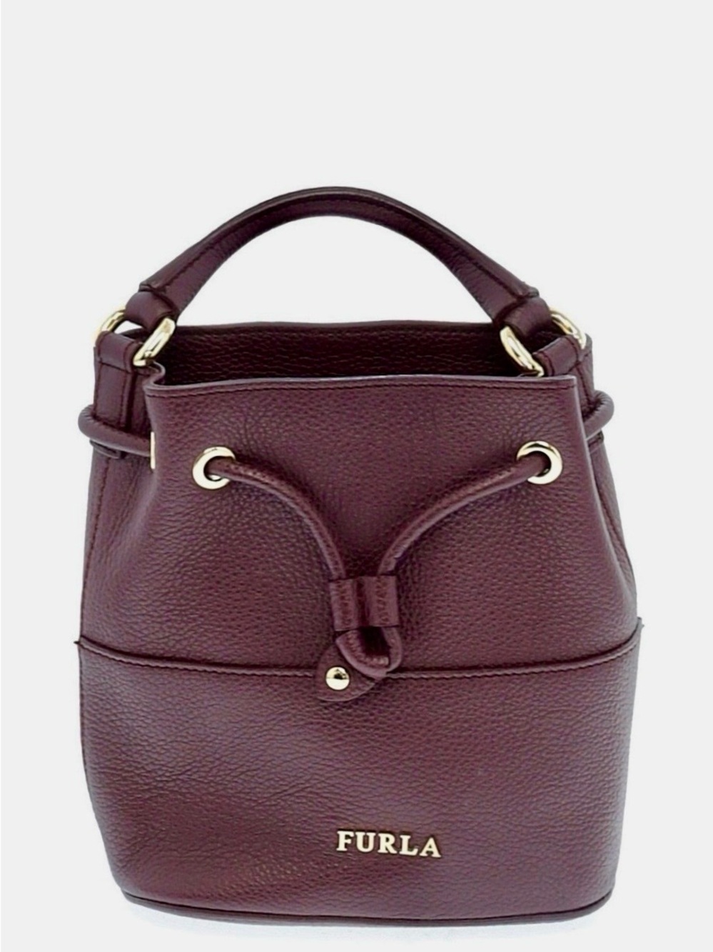 Furla Wine Leather Mini Bucket Bag with Gold Hardware